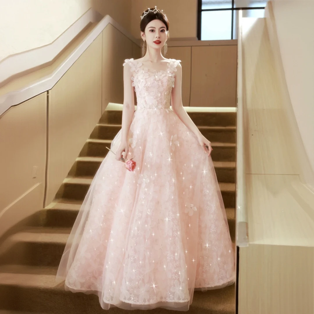 粉色晚礼服女高级感2025新款订婚结婚敬酒服宴会气质主持人连衣裙