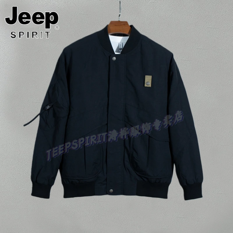 Jeep吉普秋冬季棒球领夹克休闲宽松纯色外套潮流拼接设计男士开衫