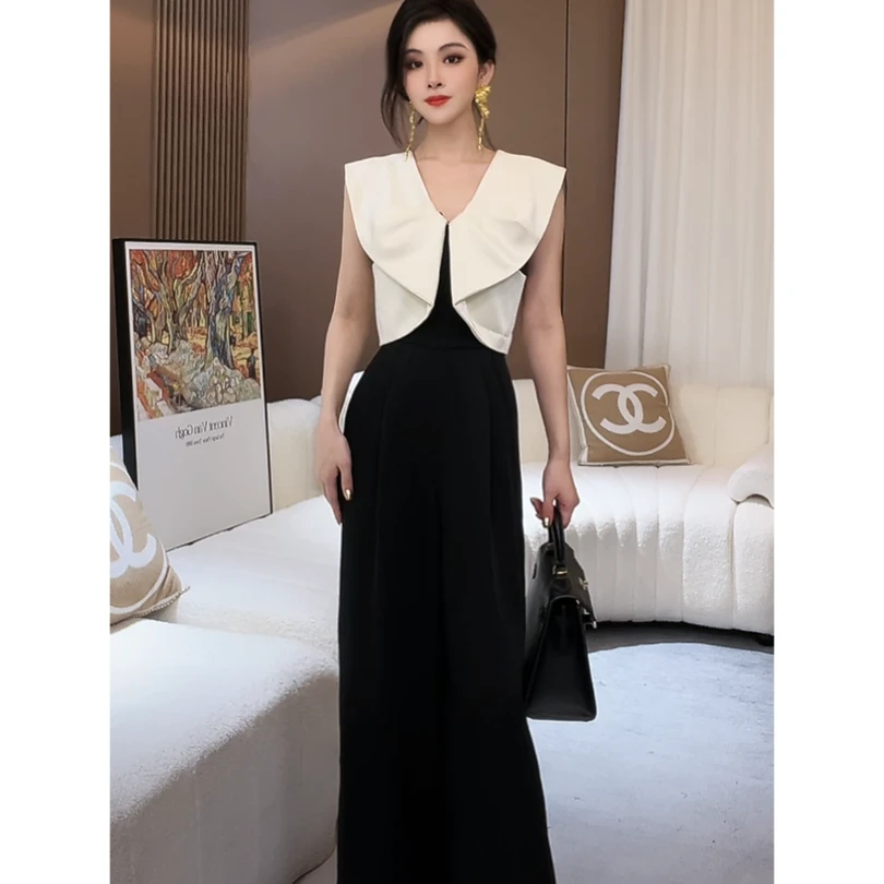 网红爆款时尚连体衣裤女春夏新款露肩撞色显瘦阔腿裤潮958