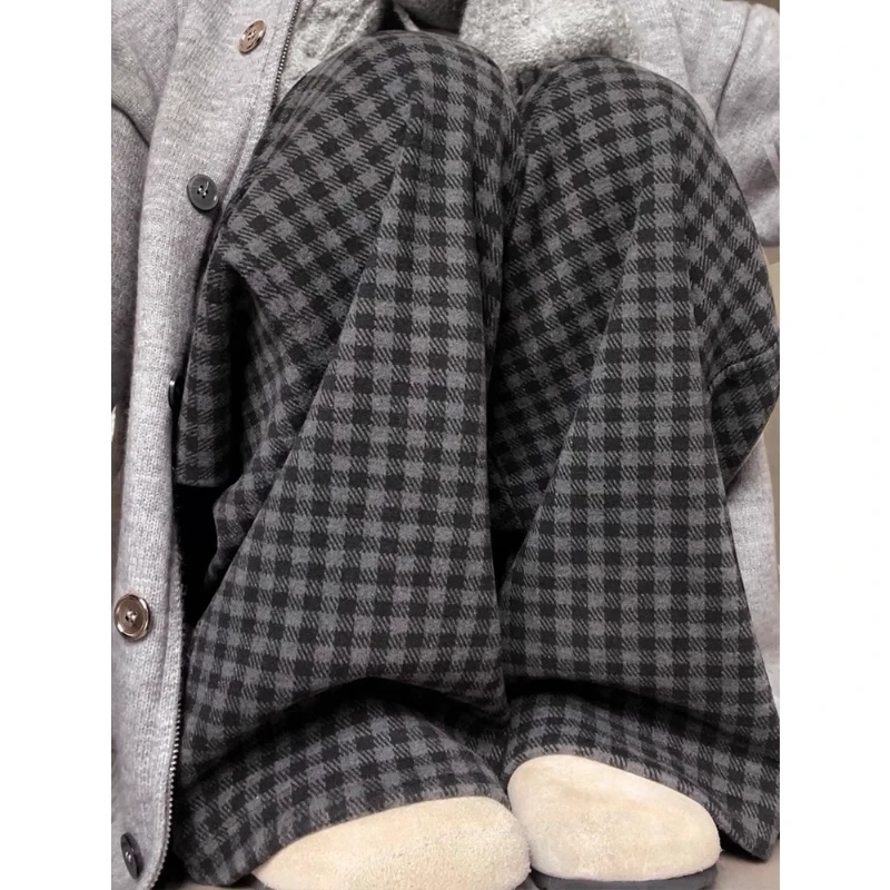 300斤大码垂感格子糯米感秋冬季阔腿休闲裤男女新款简约直筒裤子