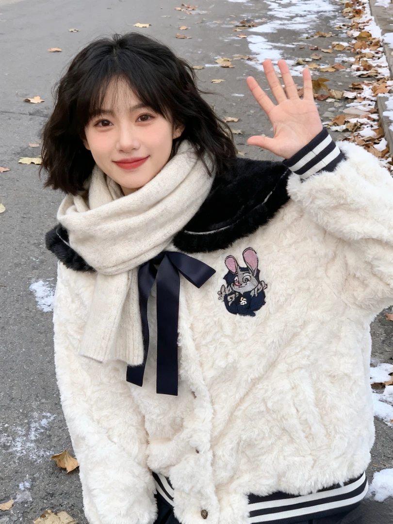 【开心QY】冬季毛毛外套连帽宽松加绒保暖毛绒加厚甜美秋冬百搭外穿