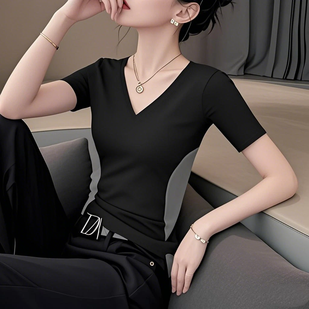 短袖V领修身型T恤黑色短袖恤小众打底衫时尚韩版收腰修身螺纹上衣
