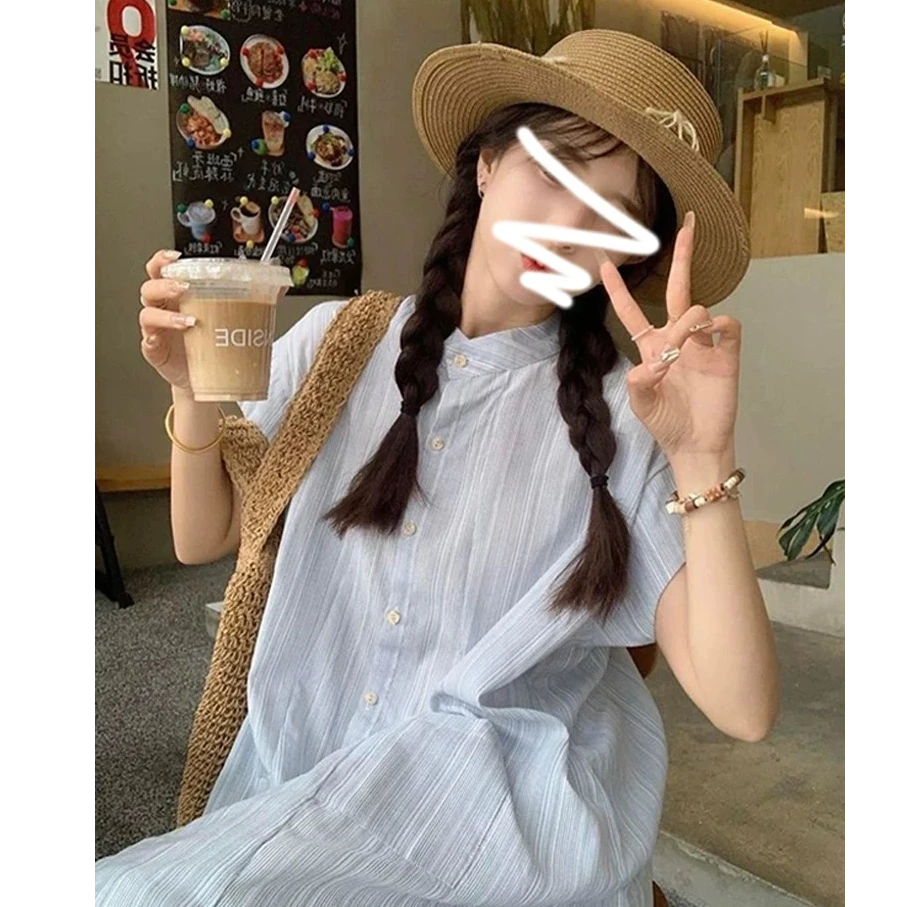 珩绣蓝色条纹衬衫半身裙2025初夏穿搭韩系高级感叠穿JR-0415