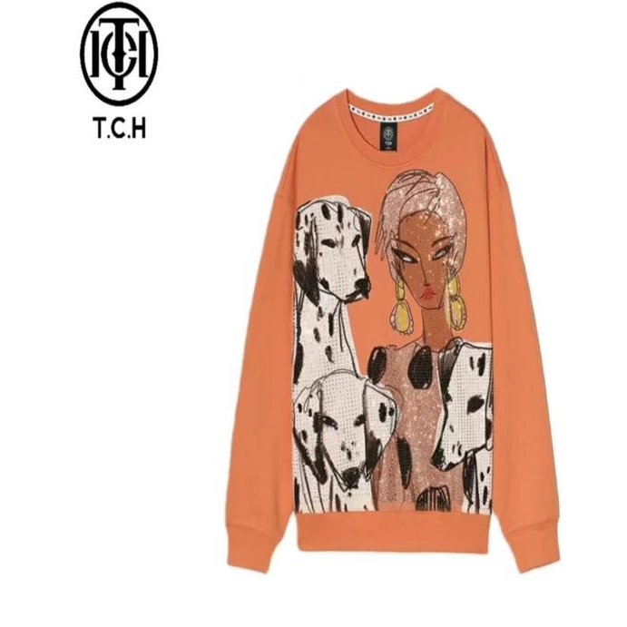 轻奢-TCH潮牌轻奢烫钻时尚百搭斑点小狗与美女卫衣女T21311C6922