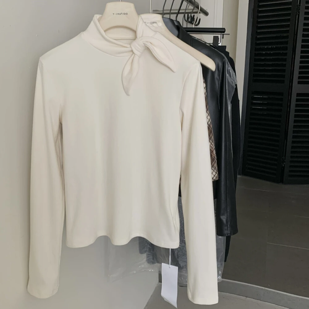 韩系设计感甜美领结磨毛半高领百搭显瘦打底长袖T恤女秋冬上衣潮