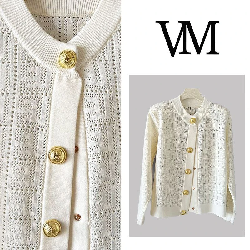 带肩垫轻奢小香风针织开衫外套女春秋新款镂空气质长袖上衣cx7787