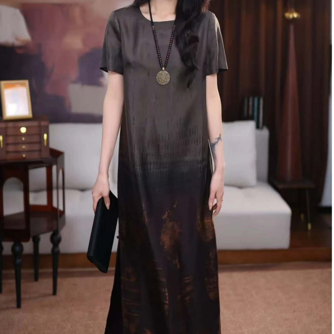 【沐瑶】新中式长款重磅时尚国风提花遮肉印花复古长裙宽松连衣裙