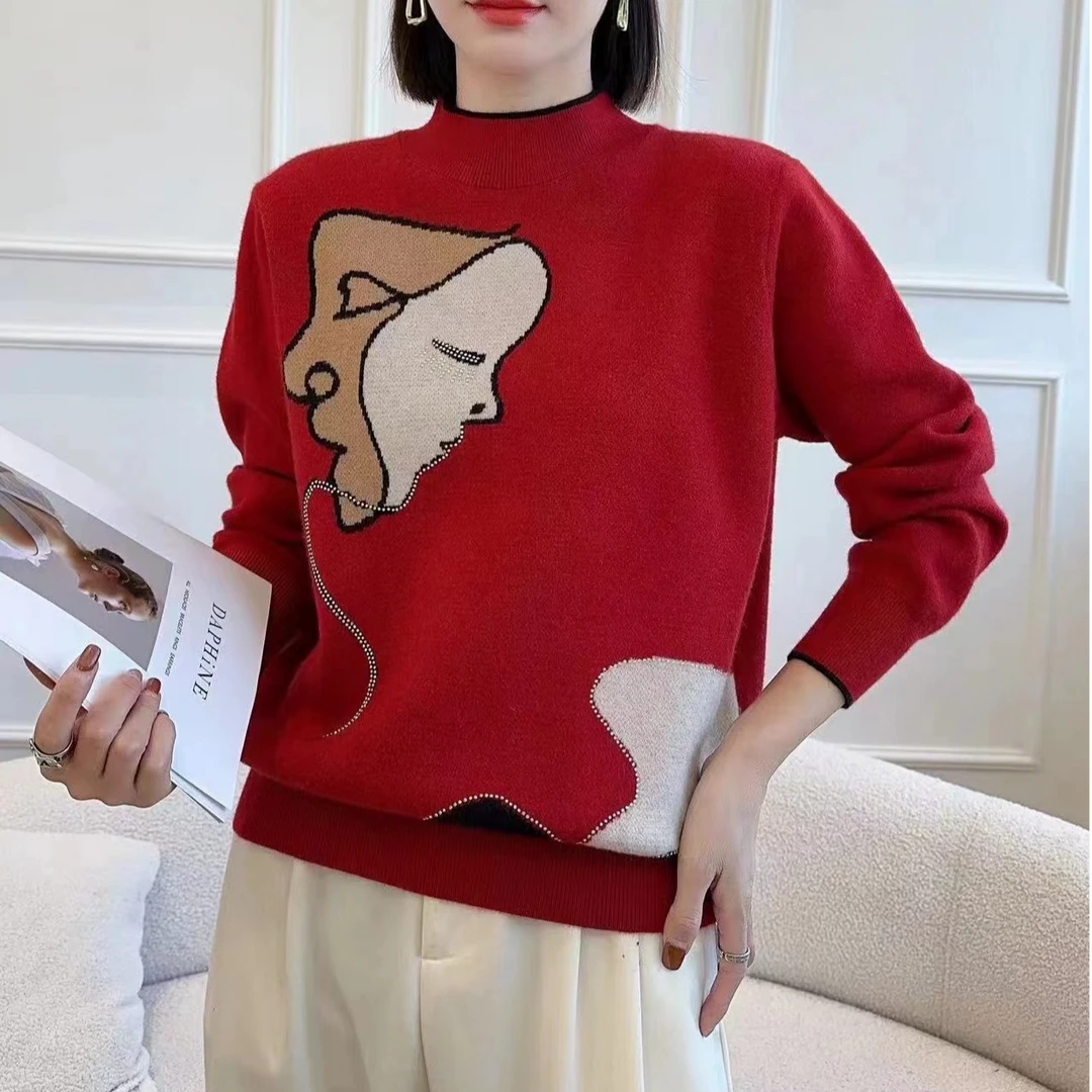 396#秋冬休闲长袖针织衫半高领套头提花89