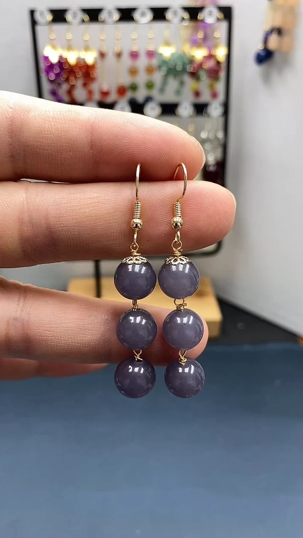 【闪购商品】和田玉耳饰银S925镀金镶嵌尺寸10mm烟紫连珠