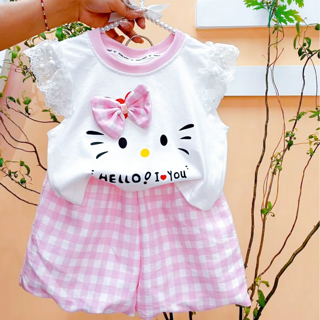 女童夏季洋气套装卡通猫咪设计甜美格子花苞裤宝宝两件套
