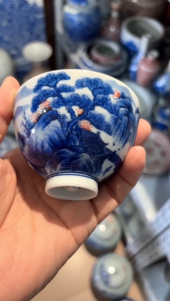 柴窑青花釉里红山水杯杯