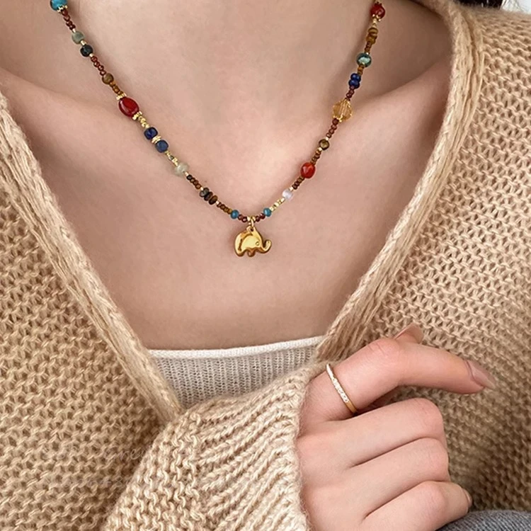 铜合金项链 高级感多巴胺彩色小象串珠项链女轻奢锁骨链颈链配饰