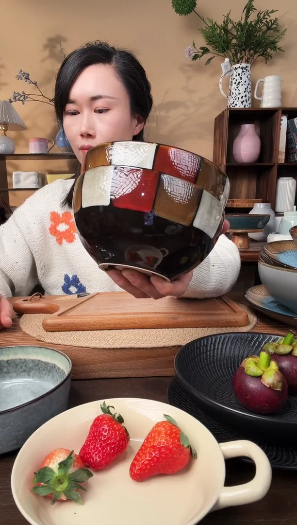 6英寸窑变格子碗2只微瑕