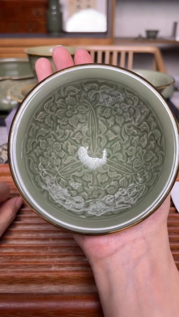 其他手工秘色三交织牡丹描金斗笠盏