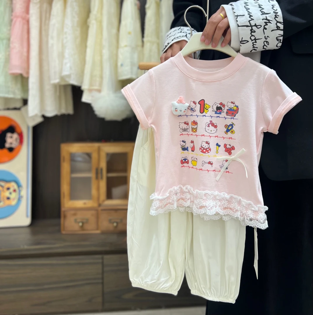 J605女童L·H·NIAO2025夏款日常百搭女孩猫咪花边短袖套装