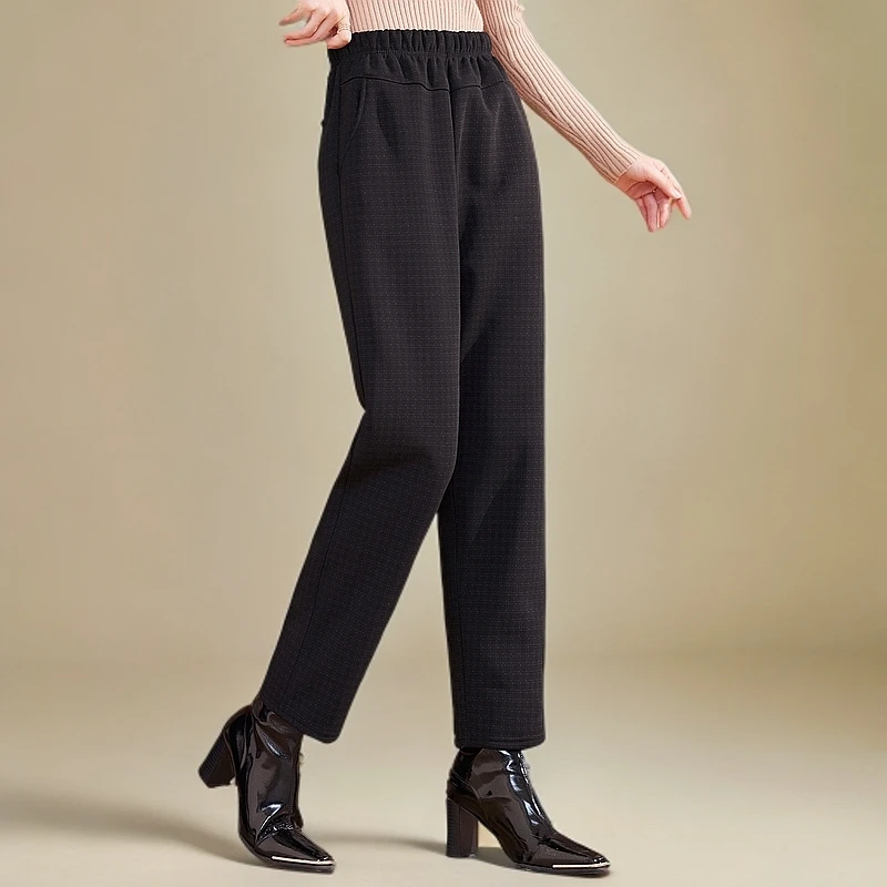 Pstl/帕丝特高腰口袋加绒保暖阔腿中妈妈装气质裤子宽松针织冬季