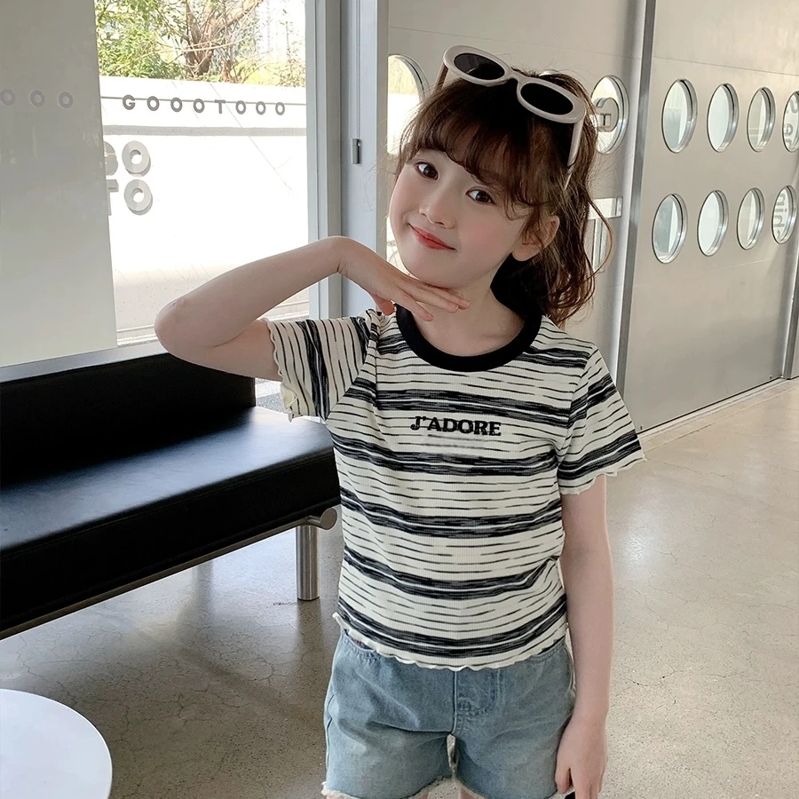 女童短袖T恤2025夏装新款儿童中大童条纹半袖上衣 T24203