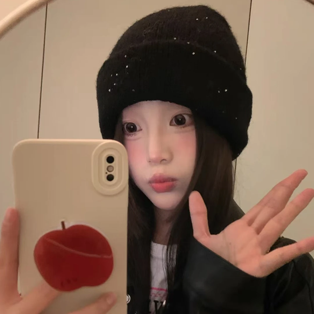 2024秋冬新款羊毛混纺针织帽大头围百搭堆堆帽子双层加厚包头冷帽