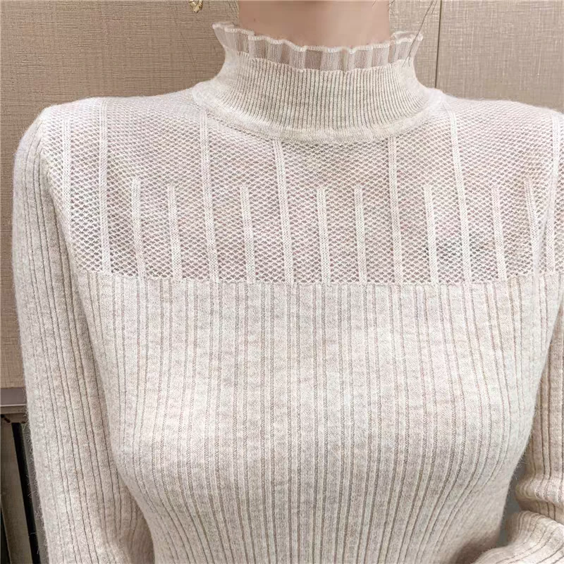 秋冬新款纯色蕾丝半高领修身针织打底衫女百搭洋气内搭