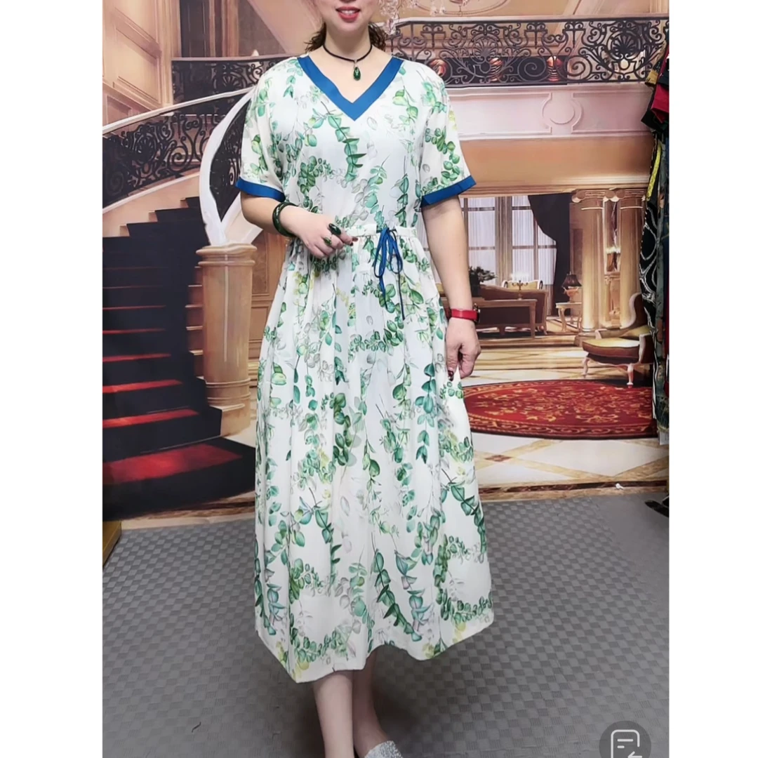 7004 夏季时尚抽绳V领气质印花高腰女士休闲中长款裙子