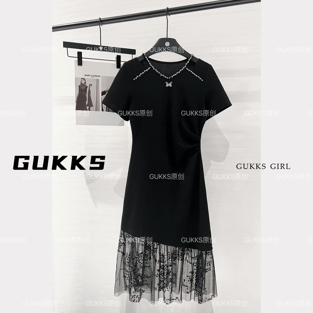 GUKKS夏季设计高定新款蝴蝶法式拼接网纱气质百搭连衣裙GK281