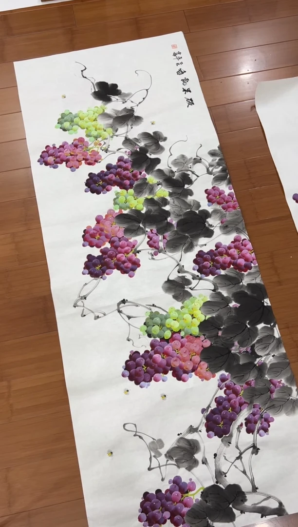 国画【直播福利，纯手工手绘】李雪梅葡萄横幅180*68