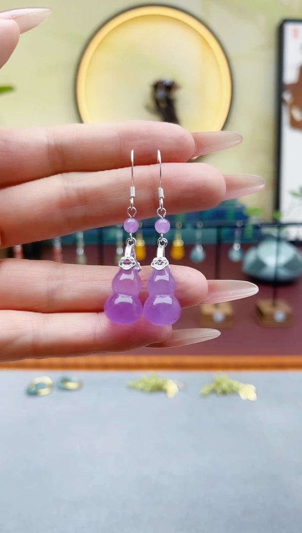 未镶嵌石英质玉（天山翠）耳饰00紫色葫芦