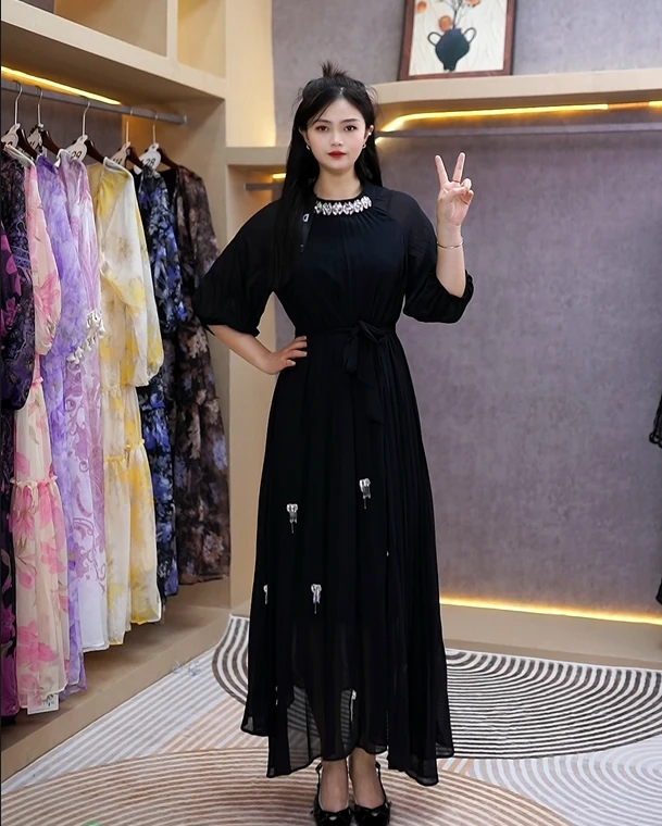 法式优雅气质连衣裙百褶设计修身显瘦轻奢长裙