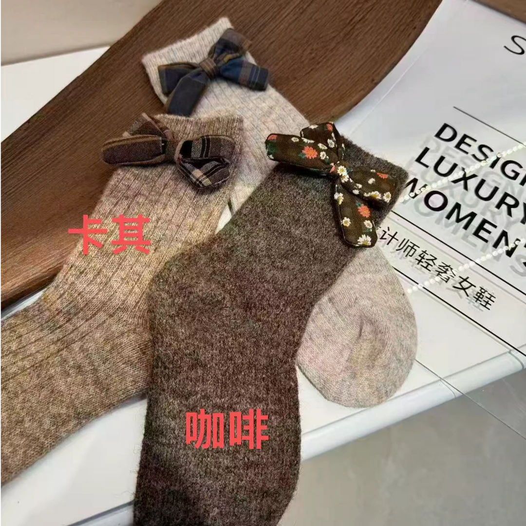 【圣德俪尔】东大门蝴蝶结保暖蝴蝶结棉鞋针织羊毛袜厚款中筒女纯色
