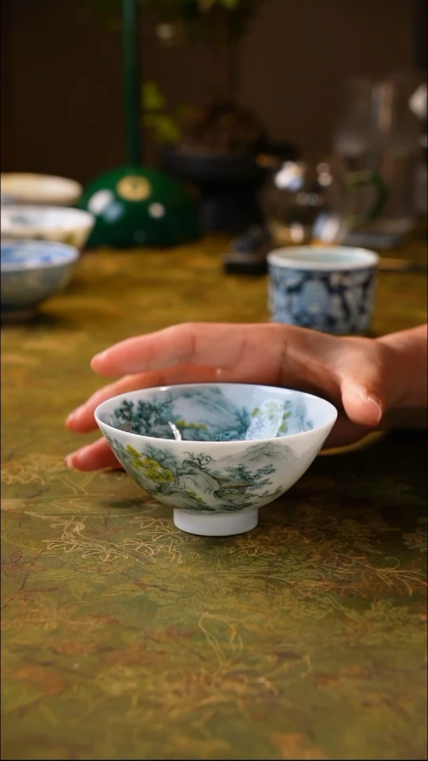 其他老*寒石寻友釉下山水五彩杯
