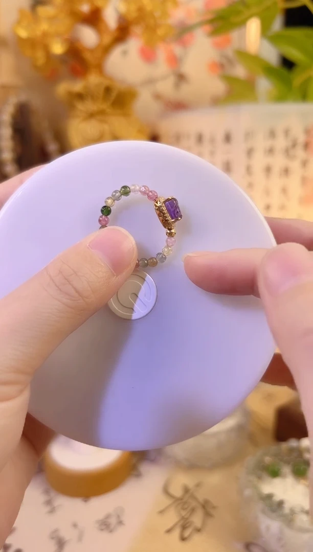 银S925镶嵌戒指碧玺碧玺紫水晶貔貅戒指