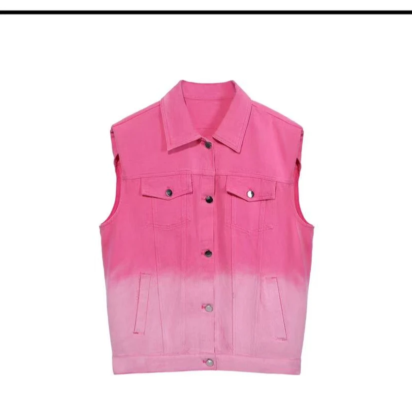 636#粉色渐变色春季时尚休闲牛仔女士马甲【长约62】