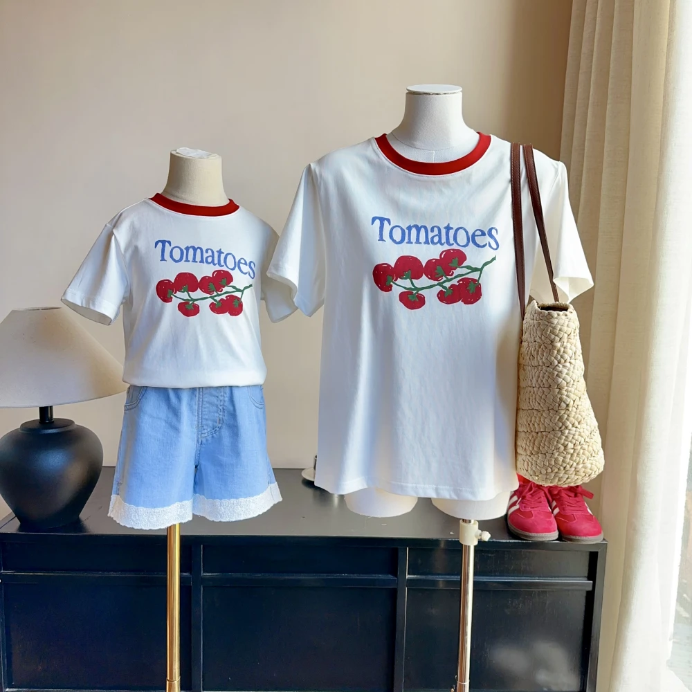 现货【番茄T】6051亲子装短袖女童夏季宽松T恤拼色休闲洋气印花上衣