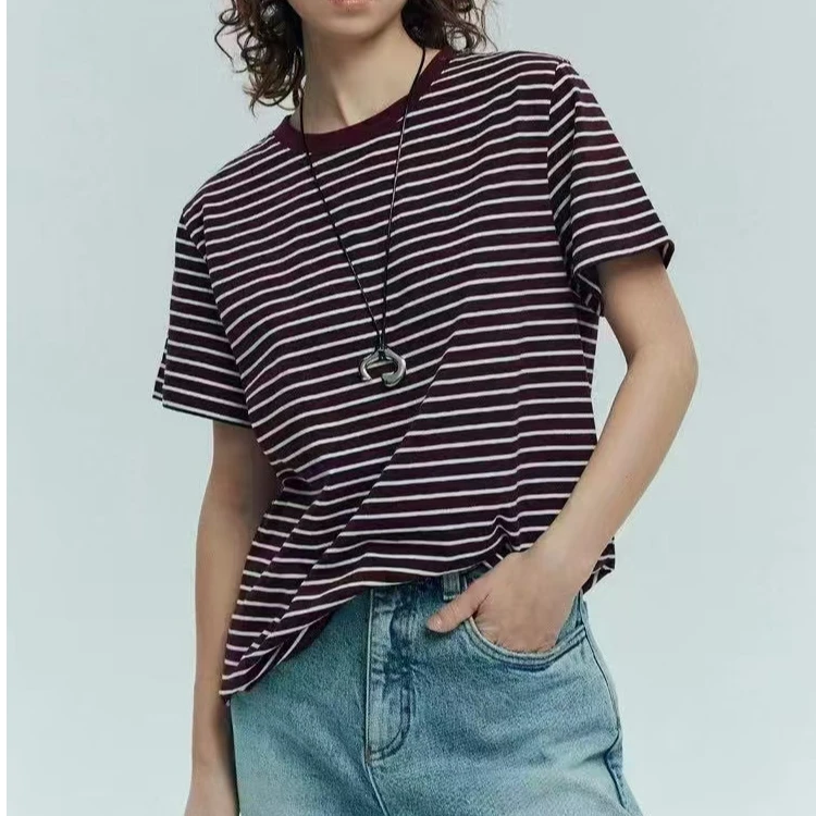 小也  强捻工艺 文艺百搭 圆领条纹 T恤  098-1