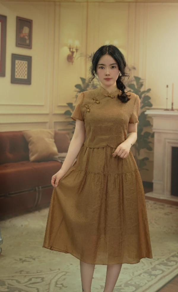 1086圆领夏季斜领三粒扣短袖连衣裙长款新中式汉服气质日常中国风