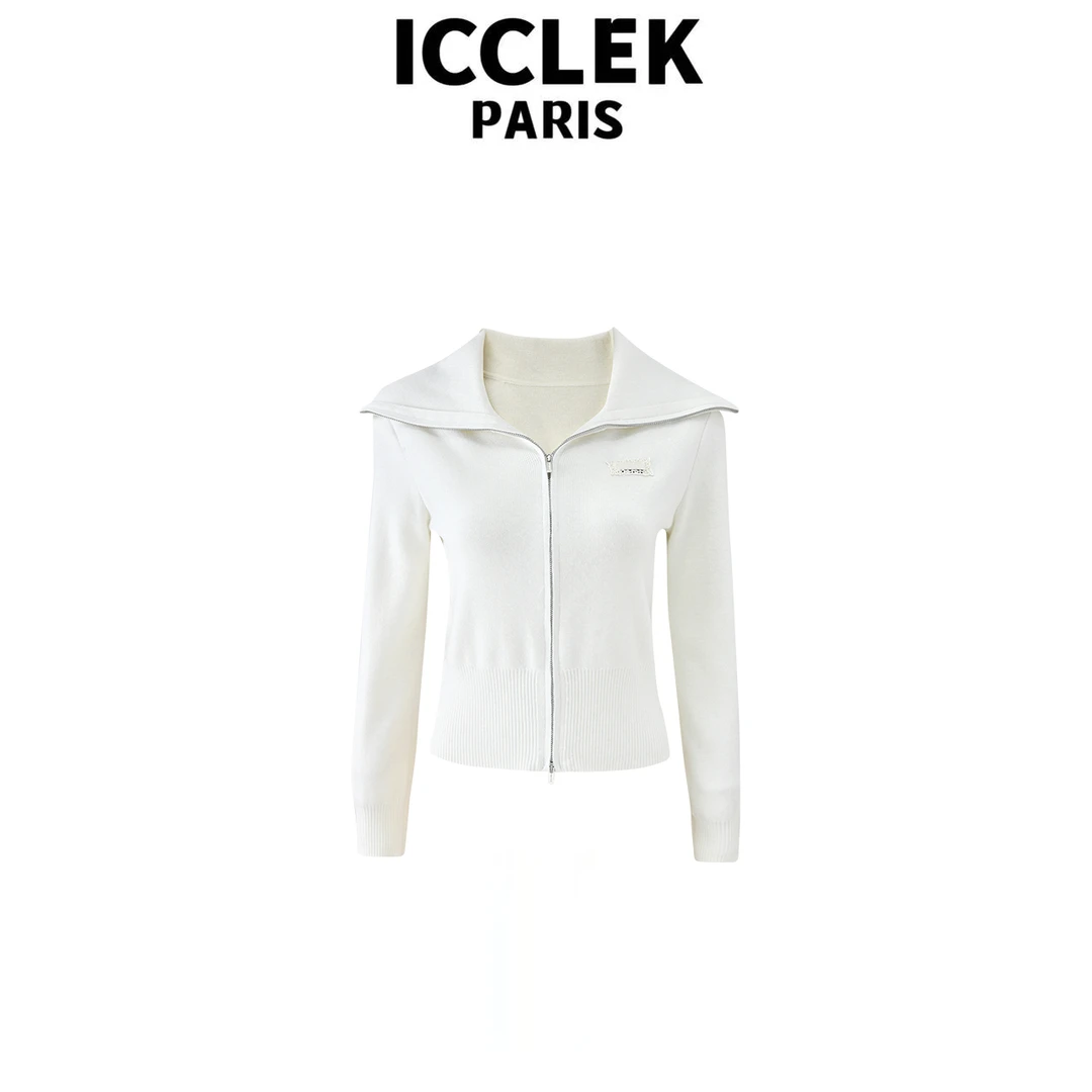 ICCLEK 白色长袖拉链毛衣外套 轻奢 时尚 百搭 -5920
