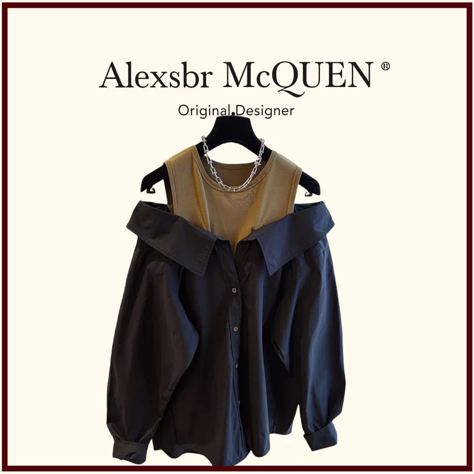 9372秋季新款大码胖mm遮肚显瘦露肩衬衫女时尚宽松藏肉假两件上衣