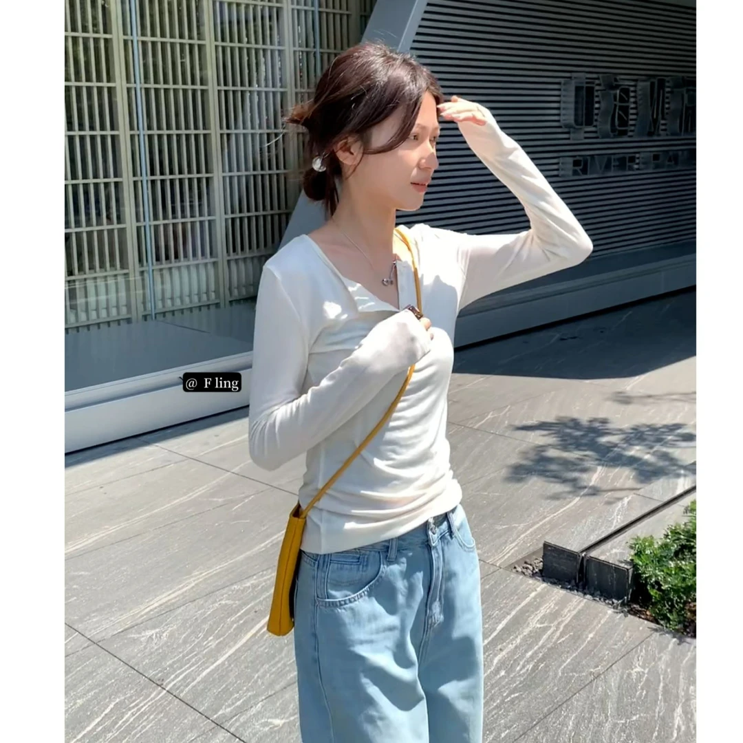 【芳龄F.LING】黄雾 长袖打底T恤韩版修身百搭显瘦设计感 FL0708