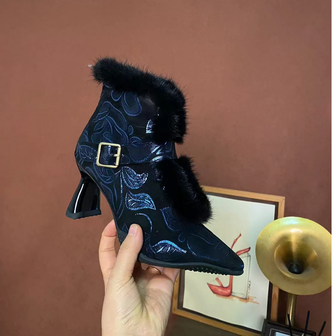 羊皮貂毛加绒冬季高跟时装靴短靴防滑女靴复古港风中国风旗袍靴子