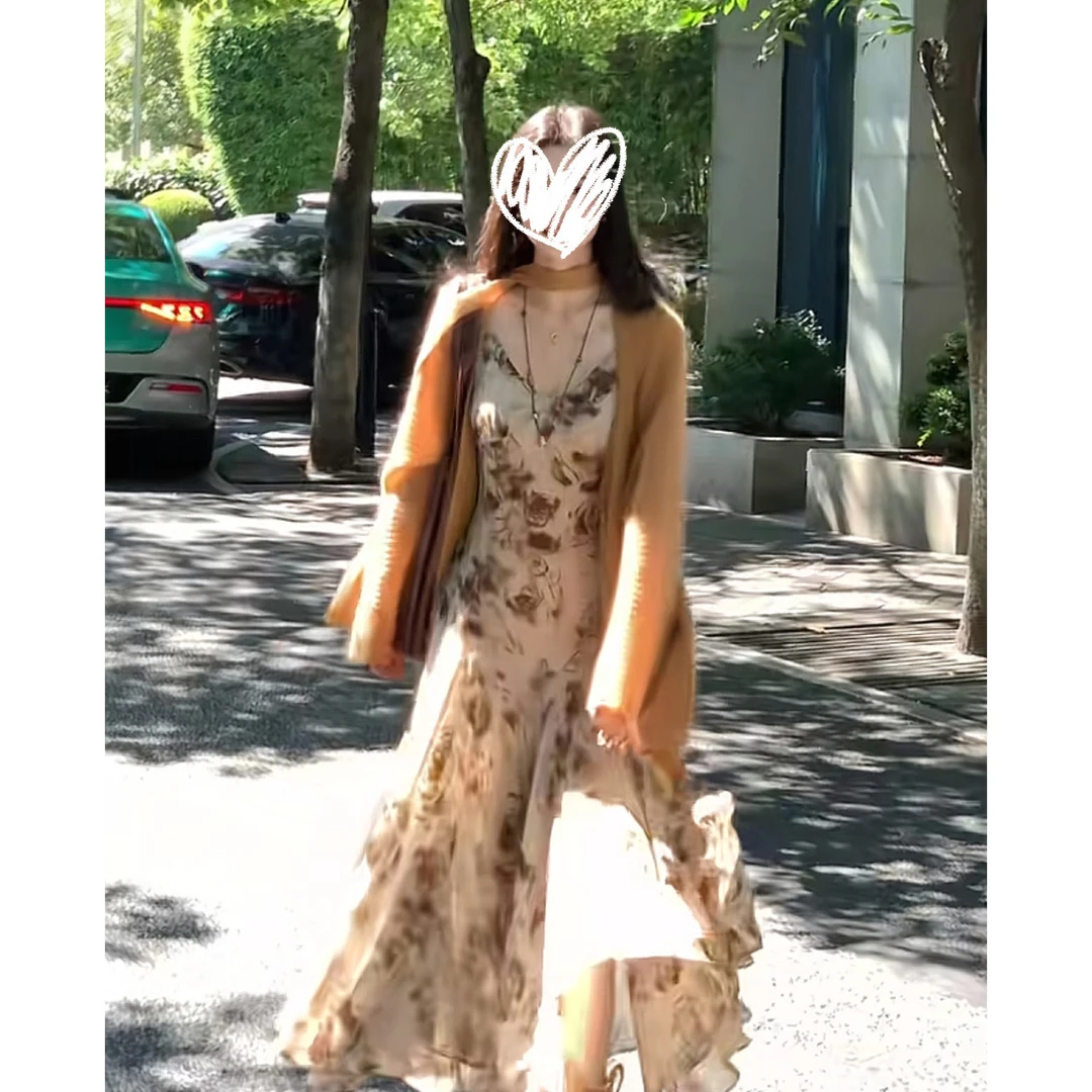 现货 长袖针织开衫上衣+吊带连衣裙两件套休闲裙子套装女秋00565