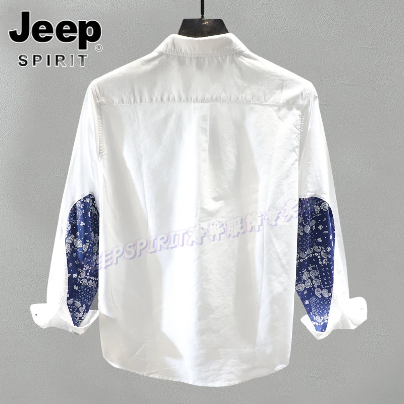 Jeep吉普春秋复古潮牌拼接上衣白色印花衬衫男士长袖港风痞帅衬衣