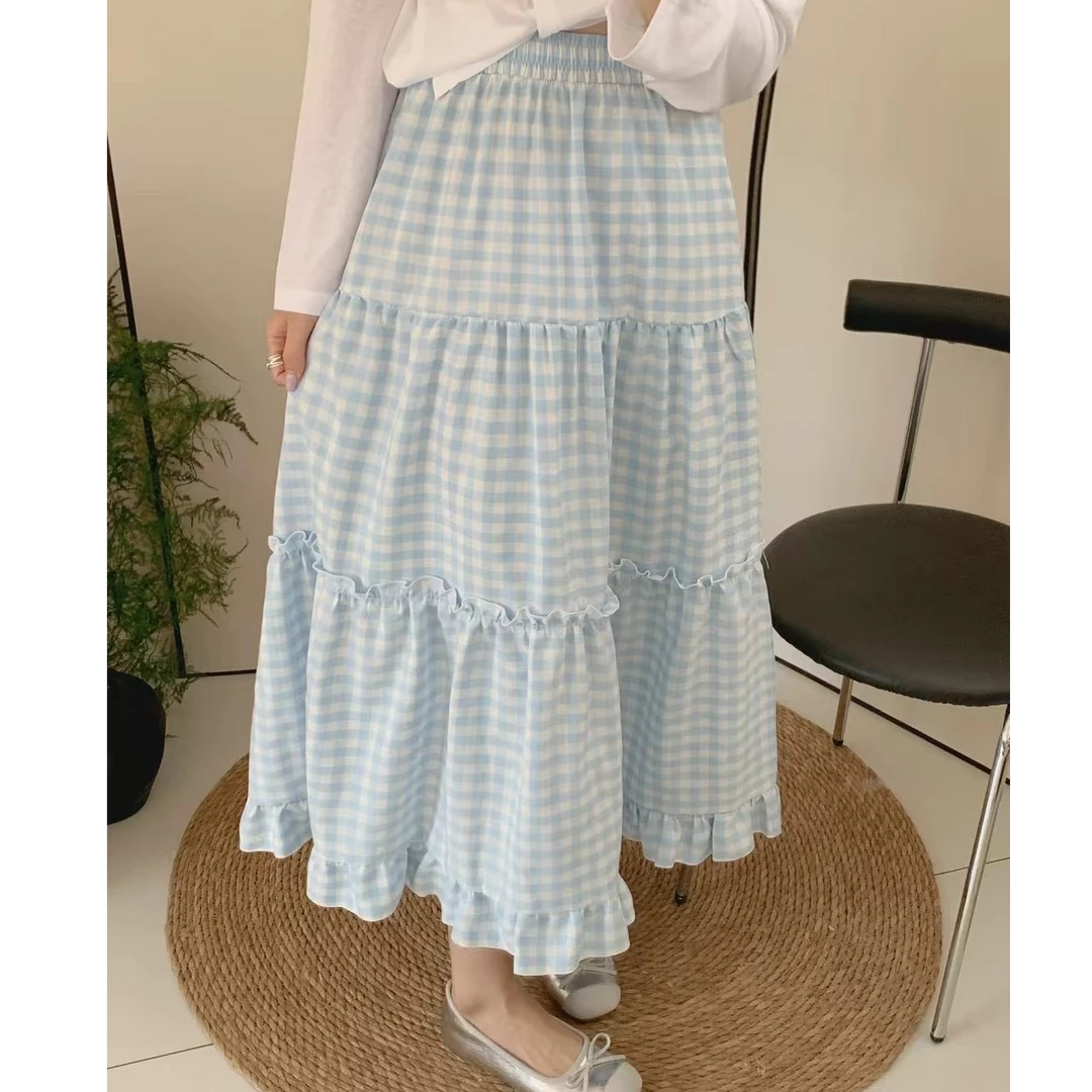 【栗子】小清新蓝格子半身裙  高腰长款显瘦百搭