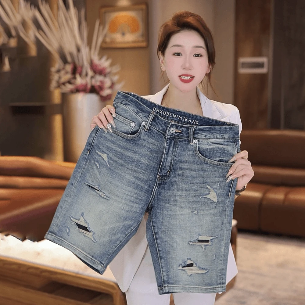 轻奢破洞牛仔裤夏季新款复古男士休闲时尚百搭潮流短裤五分裤中裤