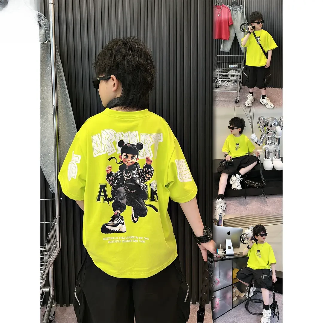 男童短袖【眼前一亮】夏款时尚街头男童荧光绿背面NEZHA印花短袖T恤