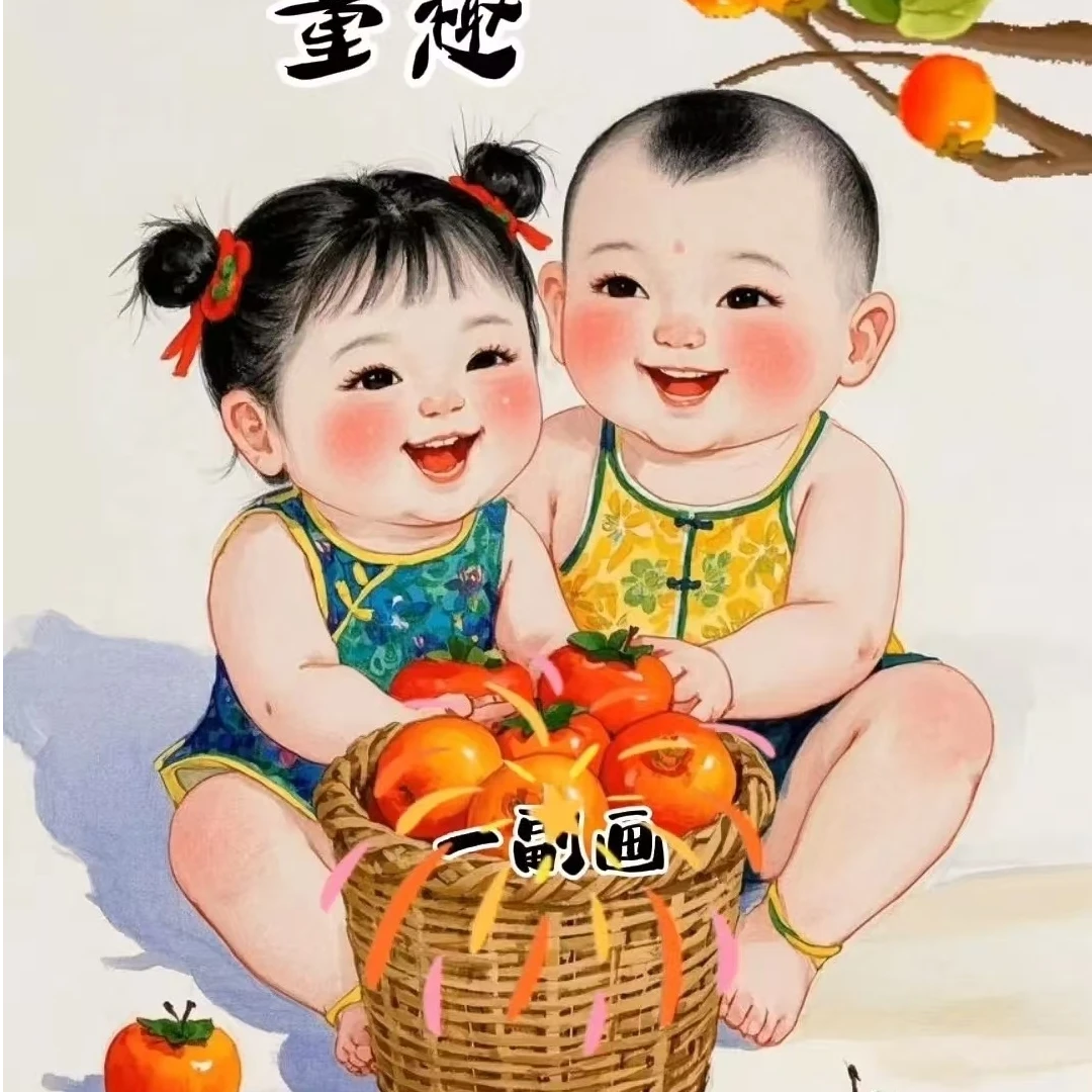 国画柿柿如意平安喜乐童子图装饰画7张