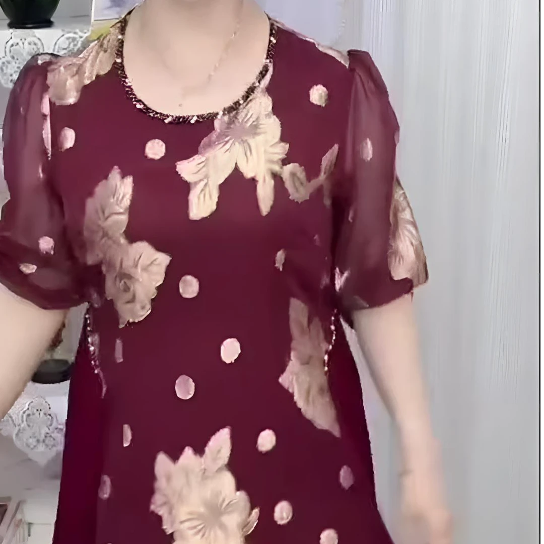 圆领，中袖，拼色，时尚，民族风气质夏季洋气连衣裙女装妈妈装夏装