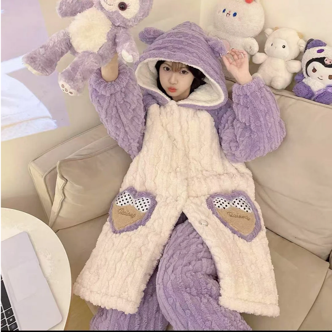 秋冬季2024新款睡衣女三层夹棉珊瑚加绒加厚特厚家居服可外穿加厚