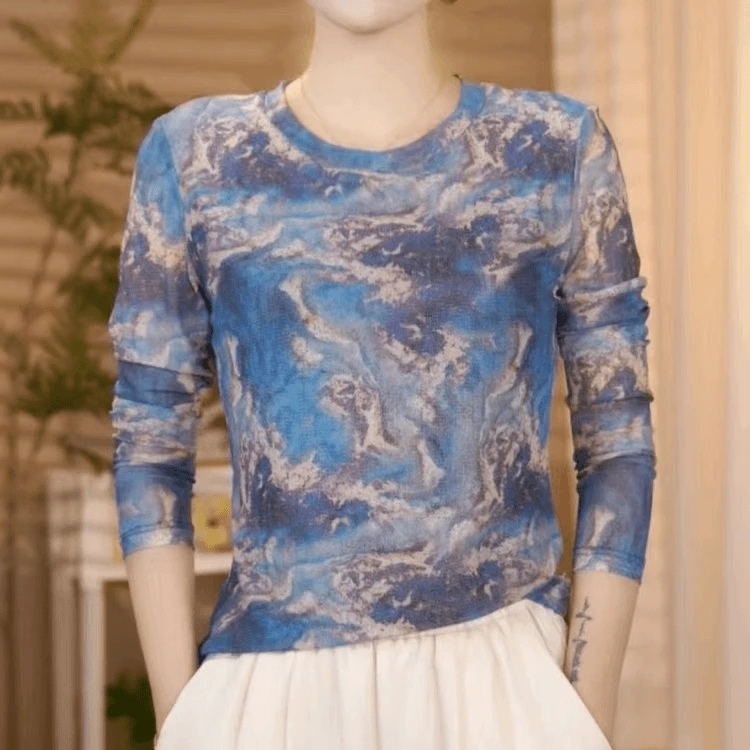 2024早秋新款高级感气质显瘦百搭圆领女士宽松时尚网纱上衣女减龄