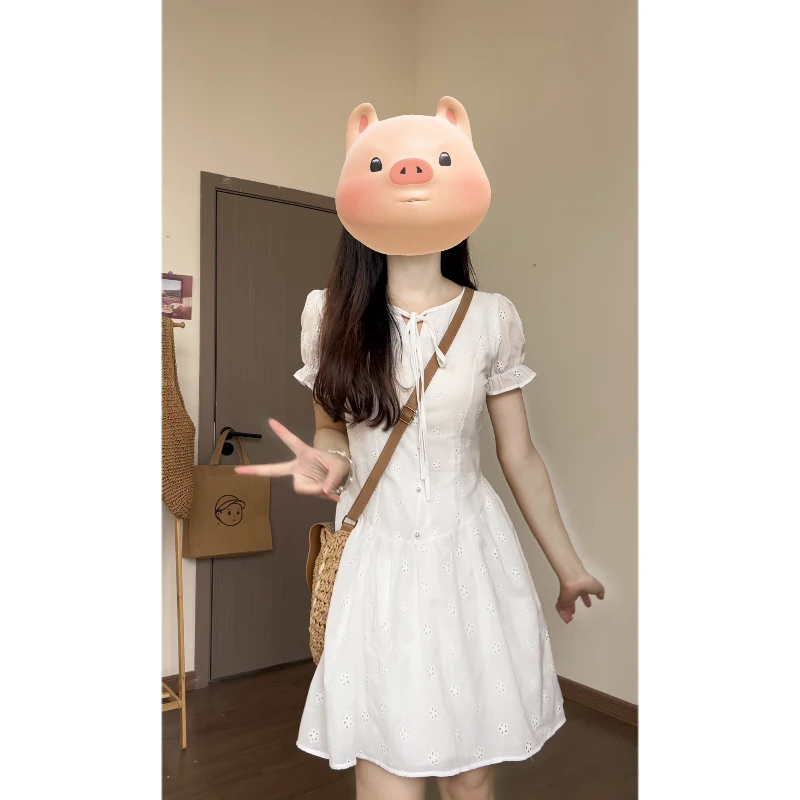 大码【初恋小白花】茶歇法式白色减龄系带短裙刺绣公主袖收腰连衣裙