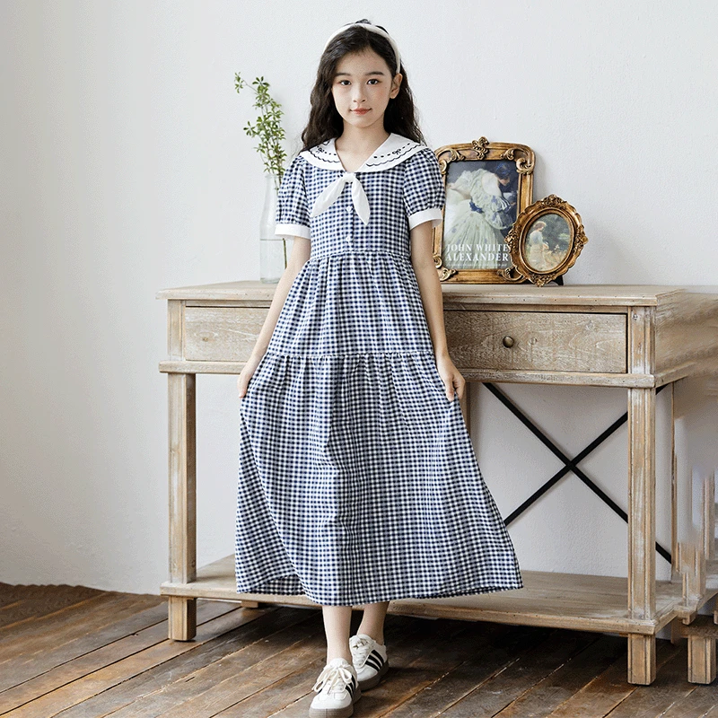 女童格子连衣裙2025夏季新款中大童韩版宽松收腰裙子女孩气质长裙